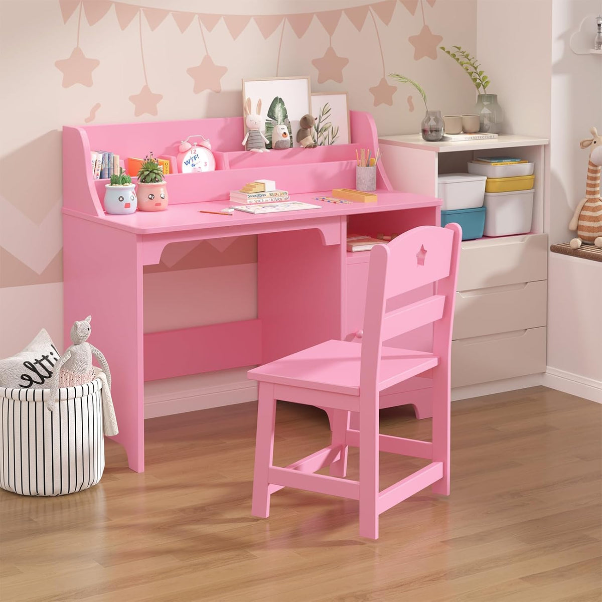 Pink Wooden Kids Desk Chair Set Hutch Storage Cabinet Study Workstation