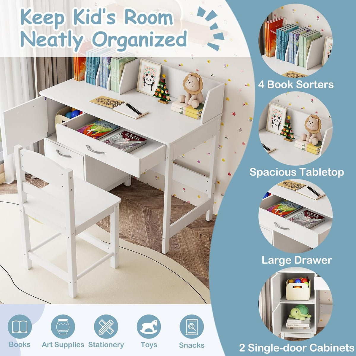 HONEY JOY Kids Desk and Chair Set, Wooden Children School Study Table and Chair w/Drawer, Storage Shelf & Cabinets, Student Computer Workstation Writing Desk for Bedroom, 3-8 Years Old (White)
