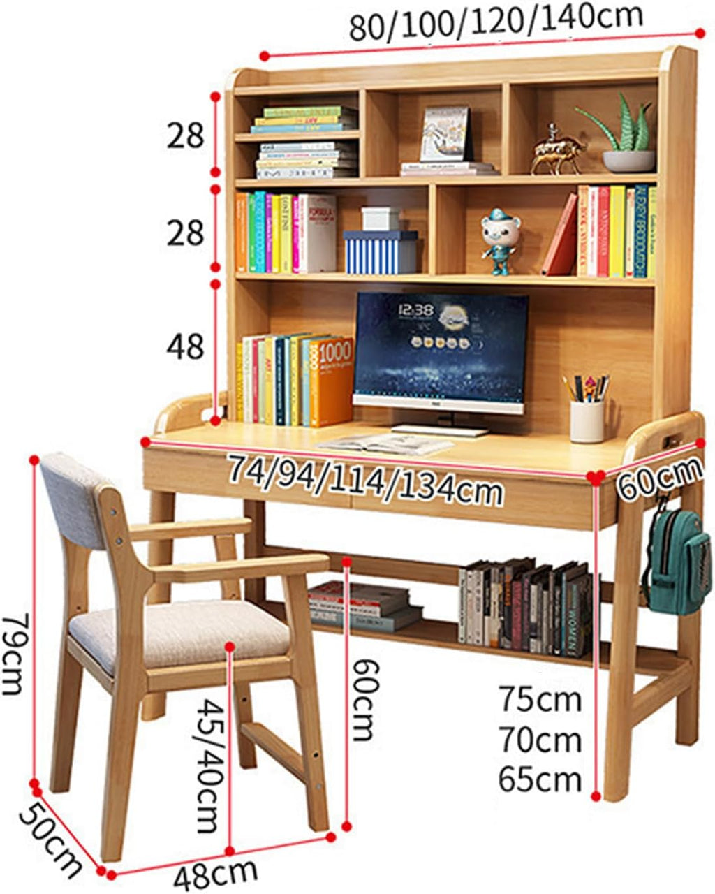 Kids Desk with Bookshelf, Height Adjustable Childrens Desk and Chair Set for 8-12 Year Old, Student Desk with Shelves, Drawer and Hooks, Large Storage Walnut Color 100cm Desk