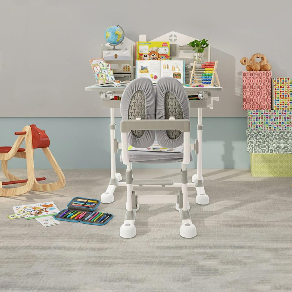 31.5'' Adjustable Kids Desk with Tilting Desktop & Bookshelf Hutch(Gray)