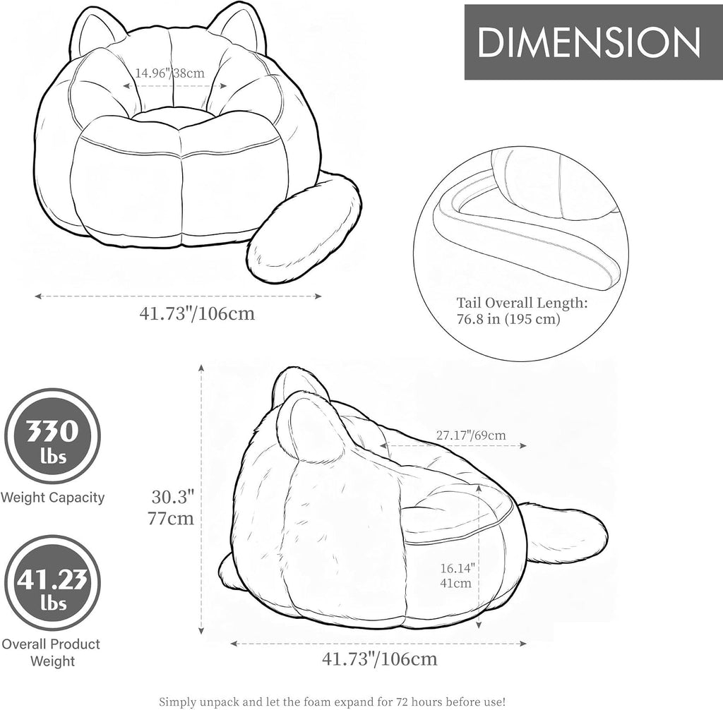 41.7 Inch Faux Fur Bean Bag Chair, Cat Shaped with Tail Pillow, Floor Sofa
