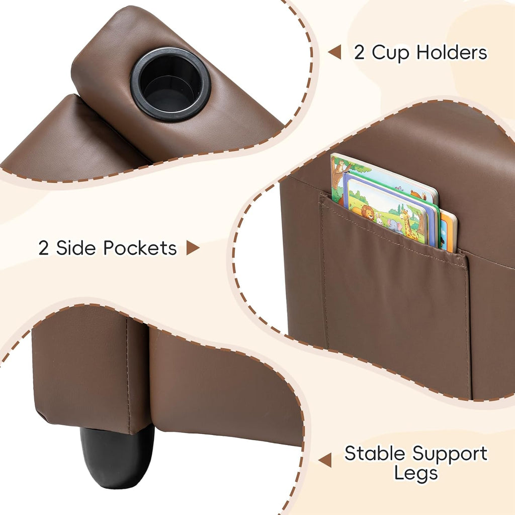 Costzon 2-Seater Kids Recliner, PU Leather Kids Loveseat w/2 Cup Holders & 2 Side Storage Pockets, Toddler Lounge Sofa Chair Couch w/Adjustable Backrest & Footrest for Girls & Boys 3+ Years Old Gifts