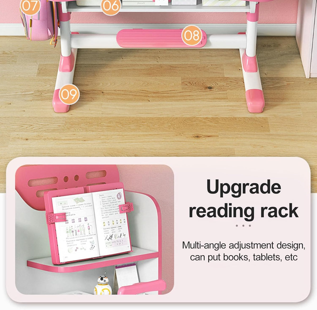 Upgraded Kids Desk and Chair Set, Adjustable Height Children Study Table with Drawer, Separated Storage, Pedal, Widened Desktop Student Writing Desk for Bedroom Reading