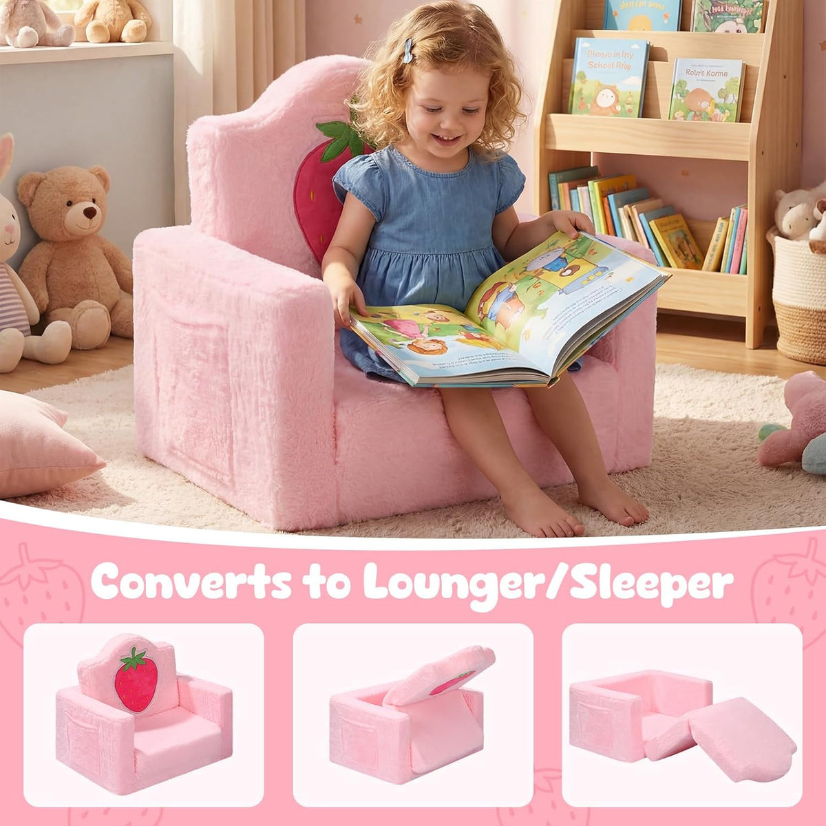 Novabright Kids Chair or Couch, 2-in-1 Soft Foldable Couch, Strawberry