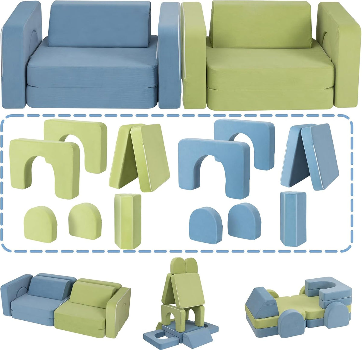 CAPAKIDS Kids Couch with 1000+ Building Options, Blue/Green