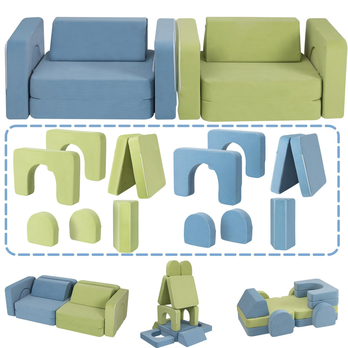 CAPAKIDS Kids Couch with 1000+ Building Options, Blue/Green