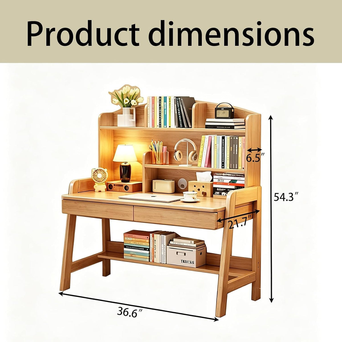 Kids Study Desk with Hutch and Storage Drawers, 3-Level Height Adjustable Children's Writing Table with 2 Drawers, Solid Wood Kids for Bedroom, Home Study Area, Reading Corner (Natural Color)