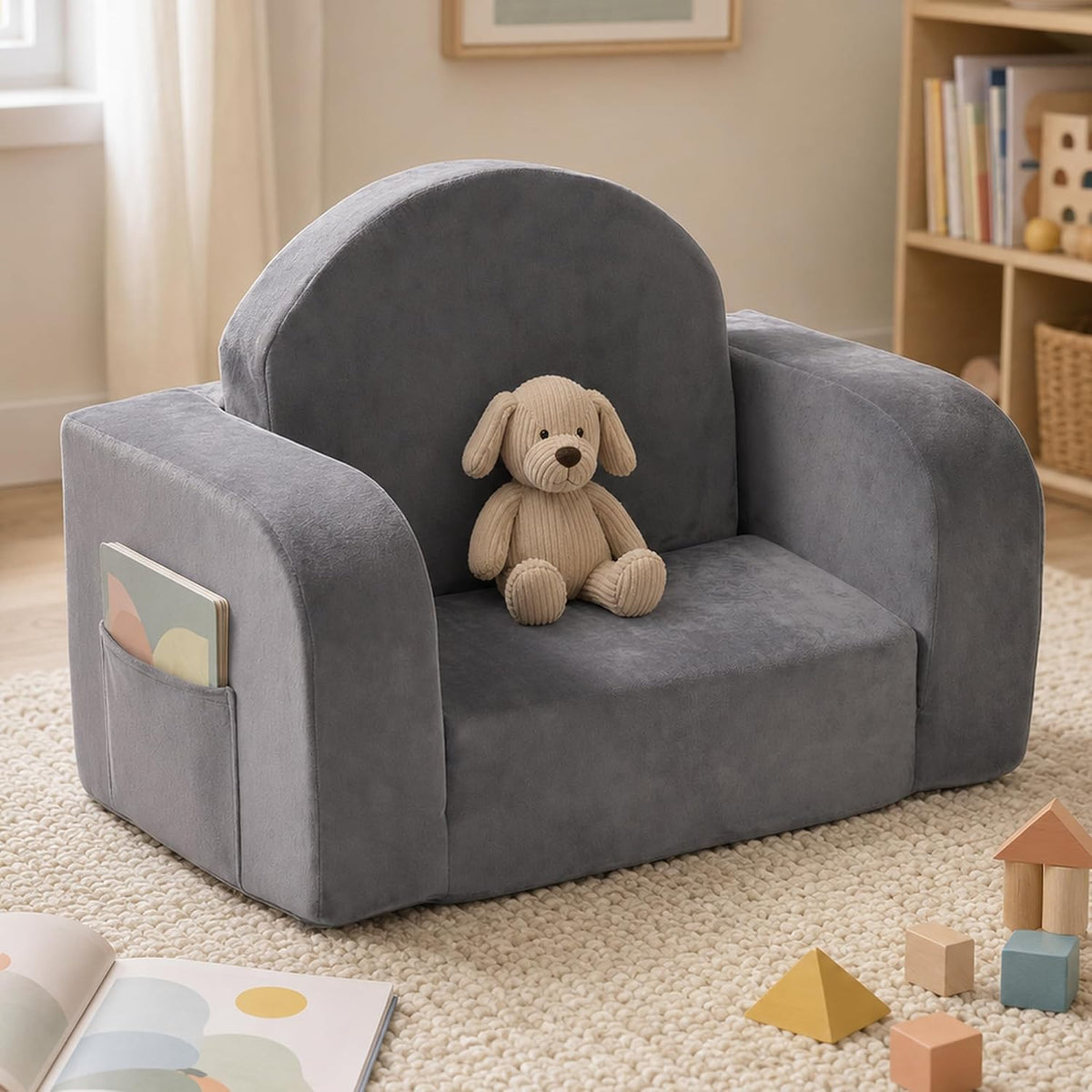 Kids Couch 2-in-1 Foldable Kids Couch, Grey
