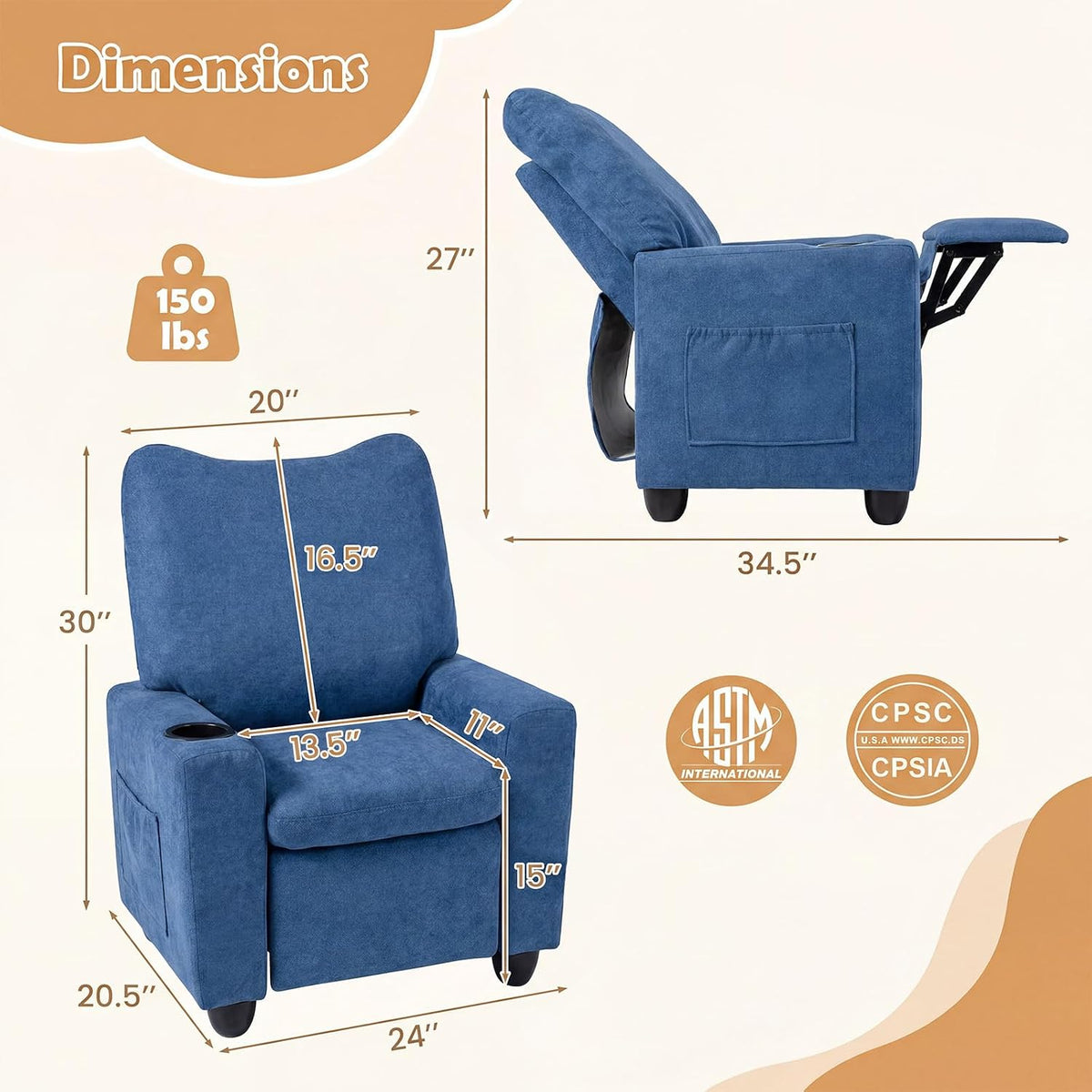 HONEY JOY Kids Recliner with Cup Holder, Chenille Fabric Upholstered Push Back Toddler Sofa w/Storage Pockets, Adjustable Backrest & Footrest, Child Reclining Chair for Ages 3+, Navy