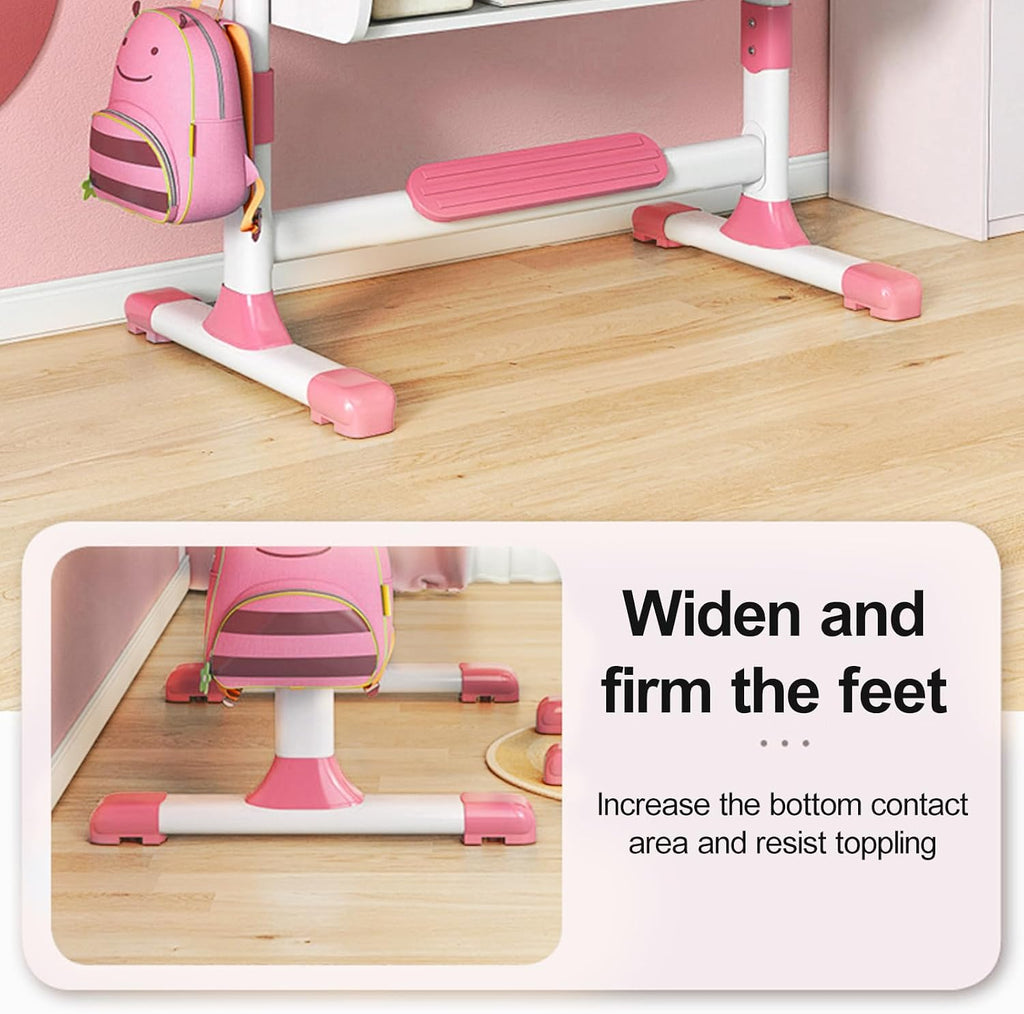 Upgraded Kids Desk and Chair Set, Adjustable Height Children Study Table with Drawer, Separated Storage, Pedal, Widened Desktop Student Writing Desk for Bedroom Reading