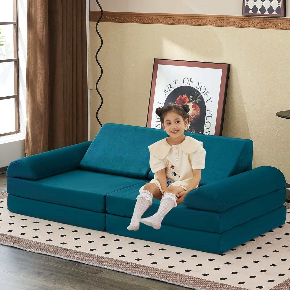 jela Kids Play Couch, Safety Certified Toddler Modular Foam Couch,Convertible Playroom Furniture,Soft Building Fort Set Indoor (57"x28"x18", Navy Blue)