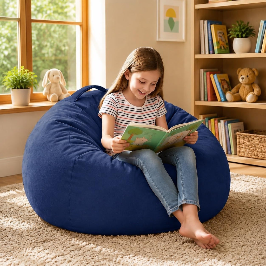 Lekit Blue Bean Bag Chair for Teens and Kids, 33.5 x 33 x 24 Inch Velvet Cartoon and Chenille Beanbag Sofa with Foam and PP Cotton Fill, Soft Comfy Lounge C