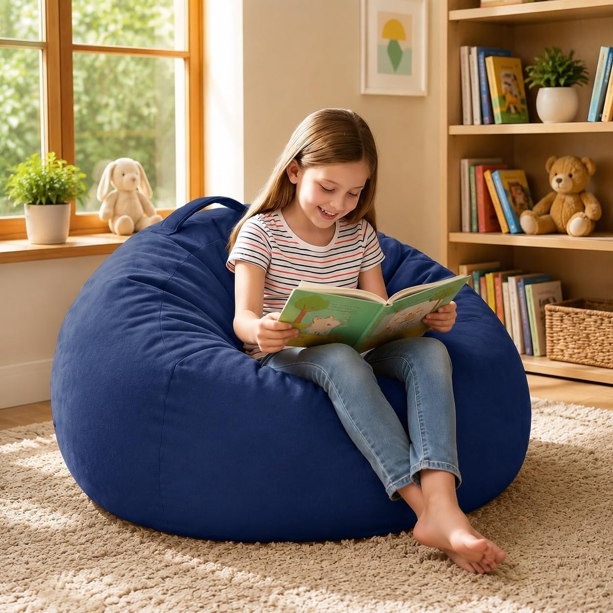 Lekit Blue Bean Bag Chair for Teens and Kids, 33.5 x 33 x 24 Inch Velvet Cartoon and Chenille Beanbag Sofa with Foam and PP Cotton Fill, Soft Comfy Lounge C