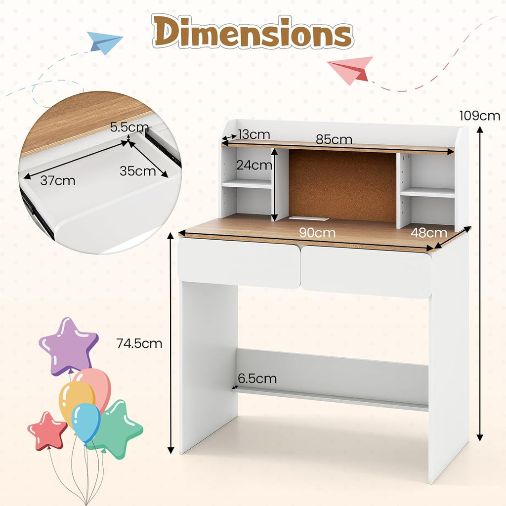 HONEY JOY Kids Study Desk w/Hutch, Cork Bulletin Board & 2 Drawers, Writing Table w/Charging Station & 5-Level Adjustable Shelves, Multifunctional Student Desk for Boys and Girls Aged 8-12