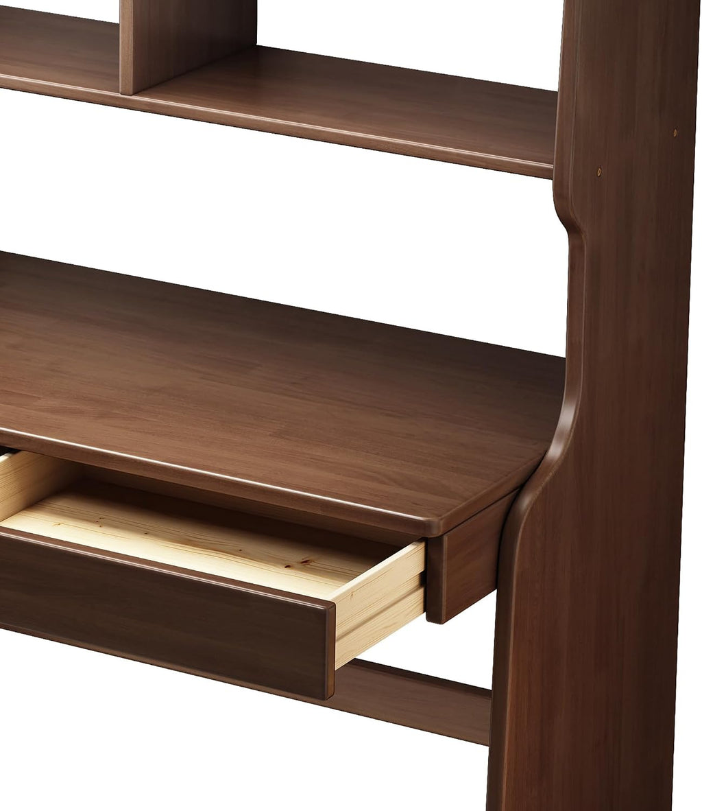 Kids Desk Kids Table with Drawers and Bookshelf Wooden Kids Media Desk Student Learning Computer Workstation and Writing Desk (Brown)