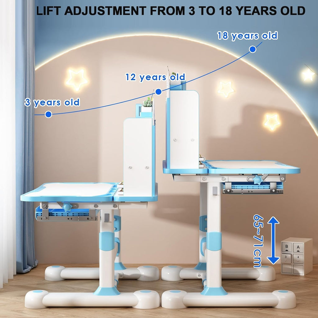 Honrane 2Pcs/Set Study Desk and Chair Set, Height Adjustable Kids School Desk with Sitting Corrector, Cartoon Learning Desks, Kids Desk, Children Study Table with Storage, Bookshelf,Foot Pedal Blue