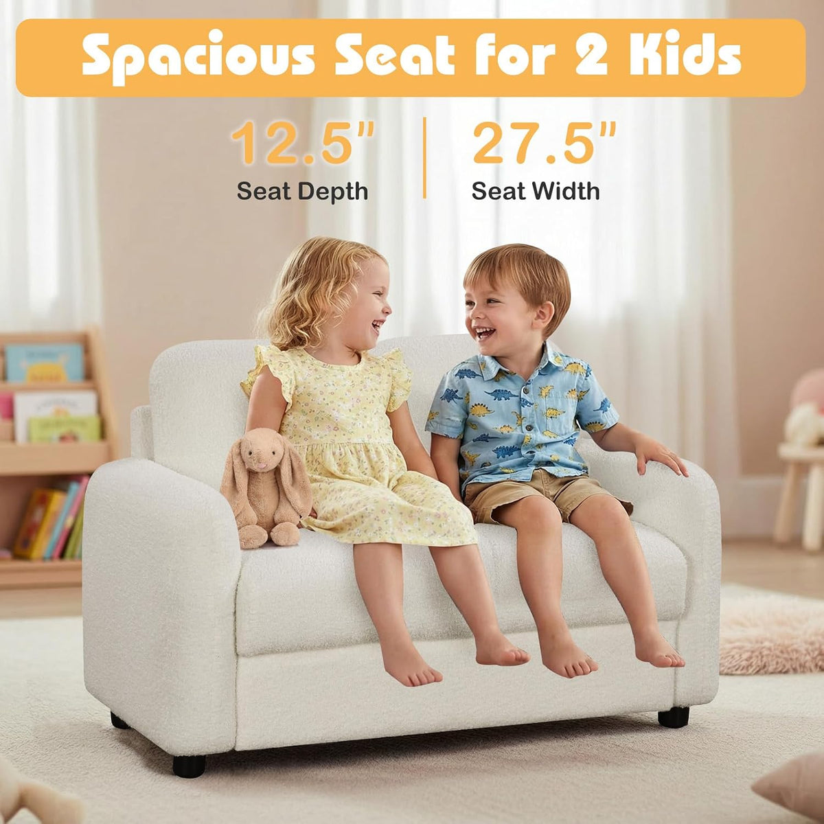 HONEY JOY Toddler Couch, Children Loveseat Sofa Armchair w/Wooden Frame, Teddy Fleece, Flexible Seating for Daycare, Preschool, Playroom, Upholstered Reading Couch, Kids Chair for Boys Girls (White)