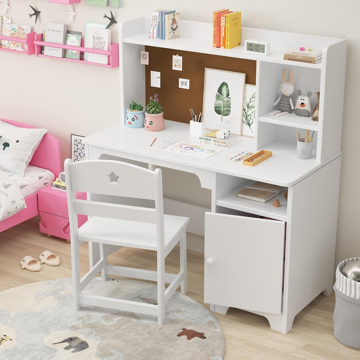 GarveeHome Kids Wooden Desk Chair Set Hutch Storage Workstation