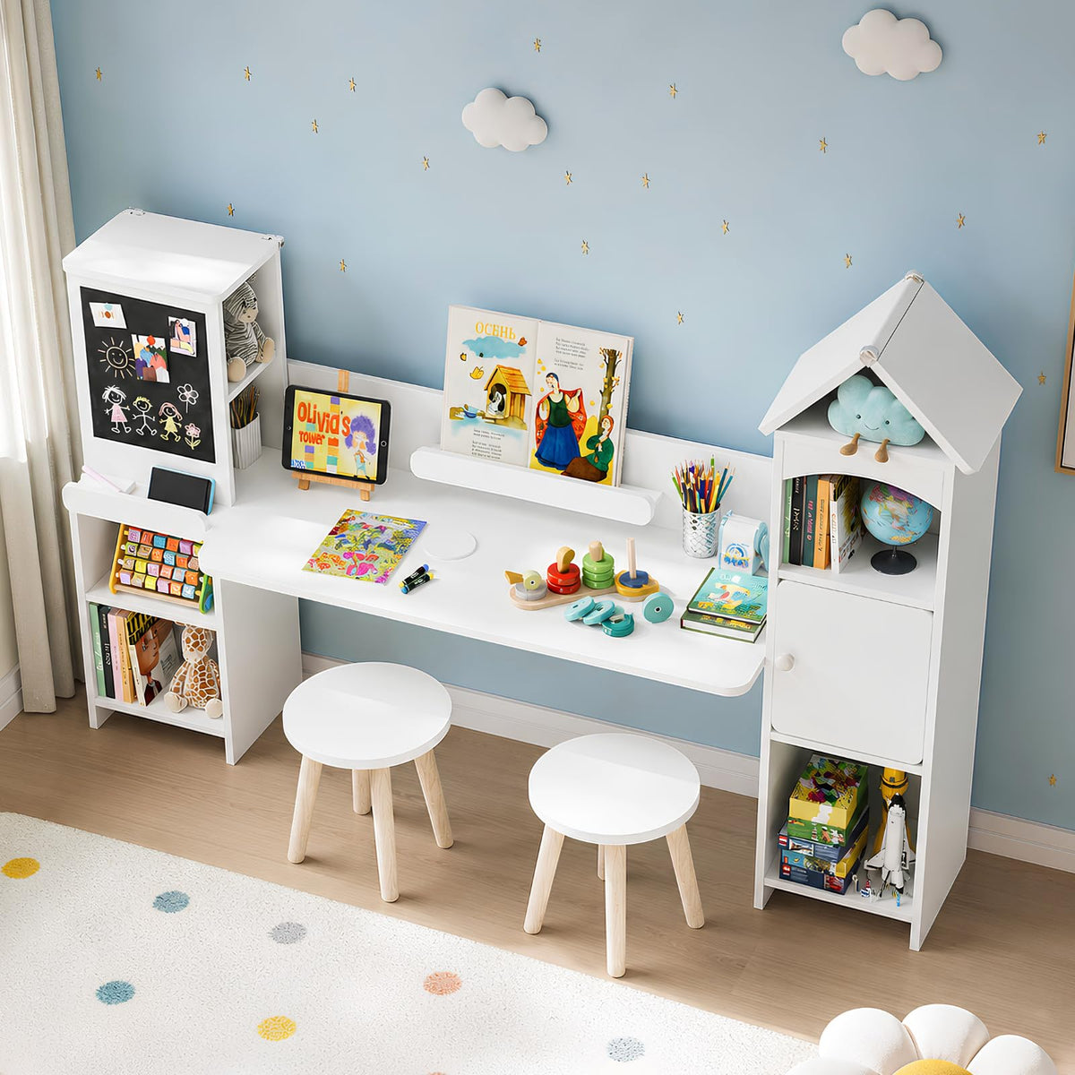 Kids Desk with Blackboard & 2 Stools