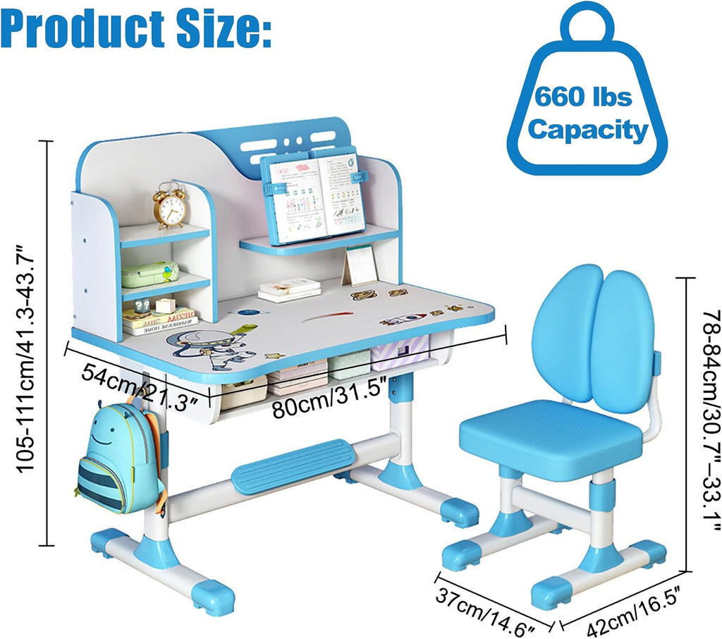 HEVIRGO Kids Desk and Chair Set, Height Adjustable Study Table with Drawer
