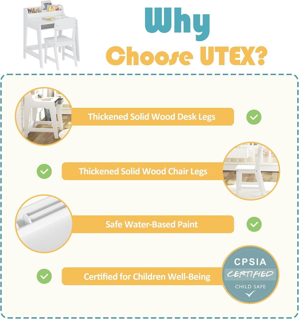 UTEX Wooden Kids Desk and Chair Set with 2 Fabrics Drawers for Study Room