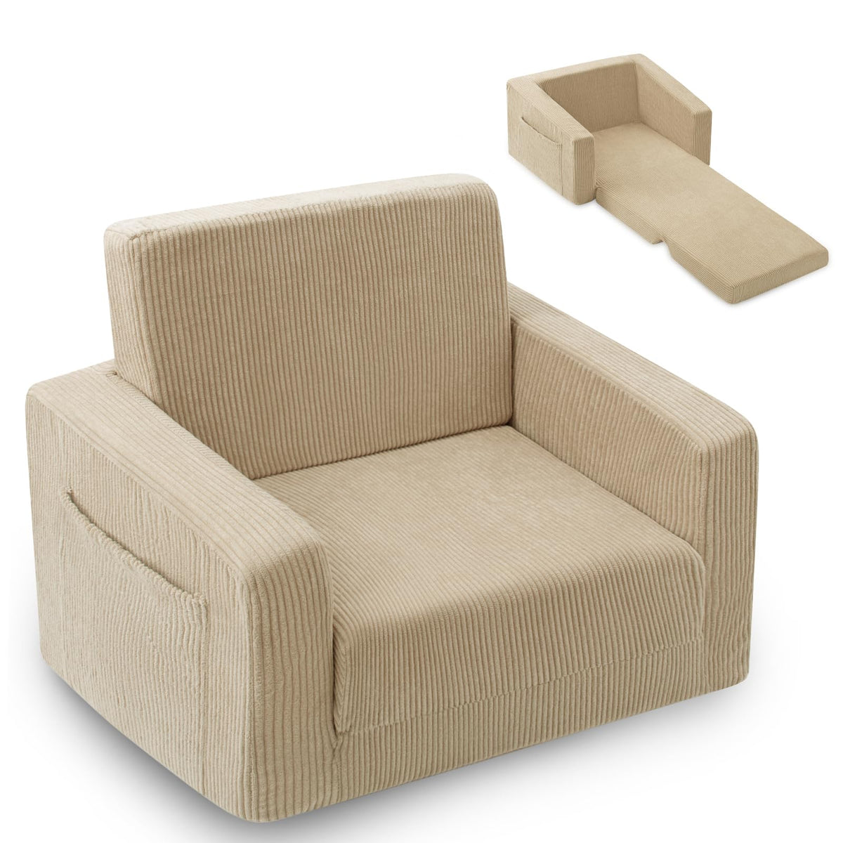 2-in-1 Kids Chair and Couch, Larger Cozy Corduroy Kids Sofa, Grey