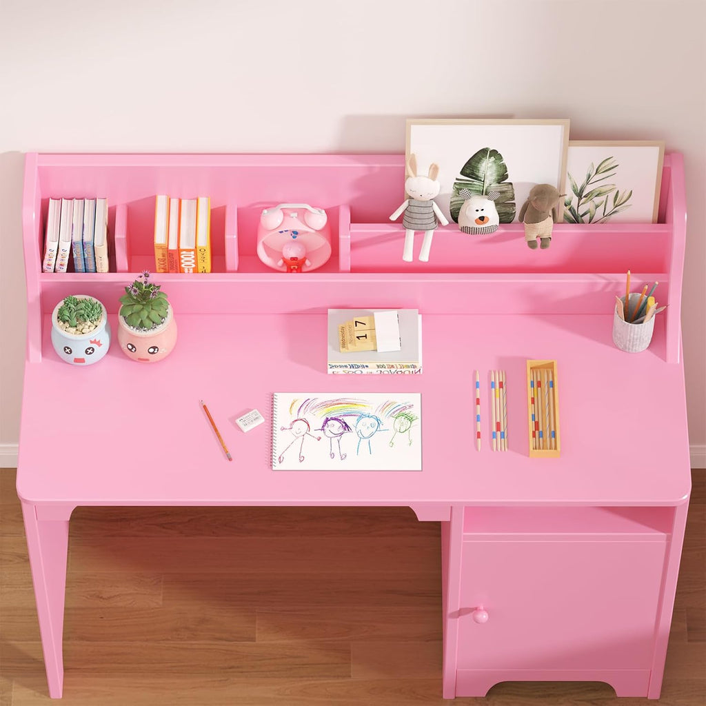 Pink Wooden Kids Desk Chair Set Hutch Storage Cabinet Study Workstation