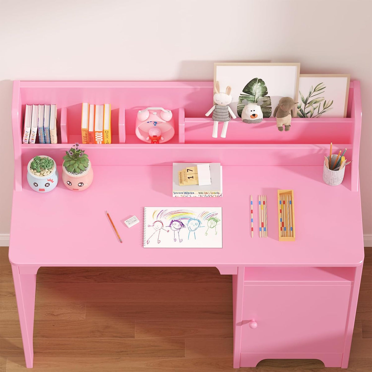 Pink Wooden Kids Desk Chair Set Hutch Storage Cabinet Study Workstation
