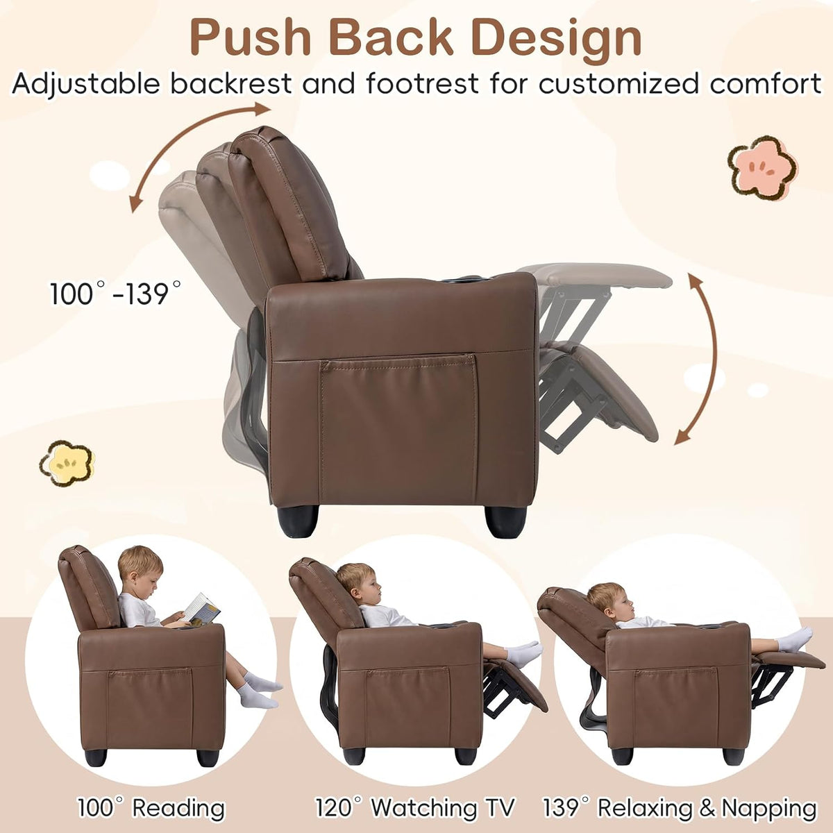Costzon 2-Seater Kids Recliner, PU Leather Kids Loveseat w/2 Cup Holders & 2 Side Storage Pockets, Toddler Lounge Sofa Chair Couch w/Adjustable Backrest & Footrest for Girls & Boys 3+ Years Old Gifts