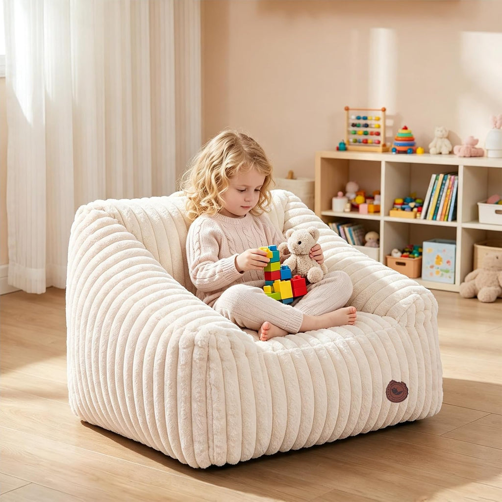 Small Kids Bean Bag Chair,Memory Foam Filled Bean Bags with Beige Stripe Plush Bean Bag Sofa Removable&Washable Cover for Reading Gaming Bedroom Living Room Playroom