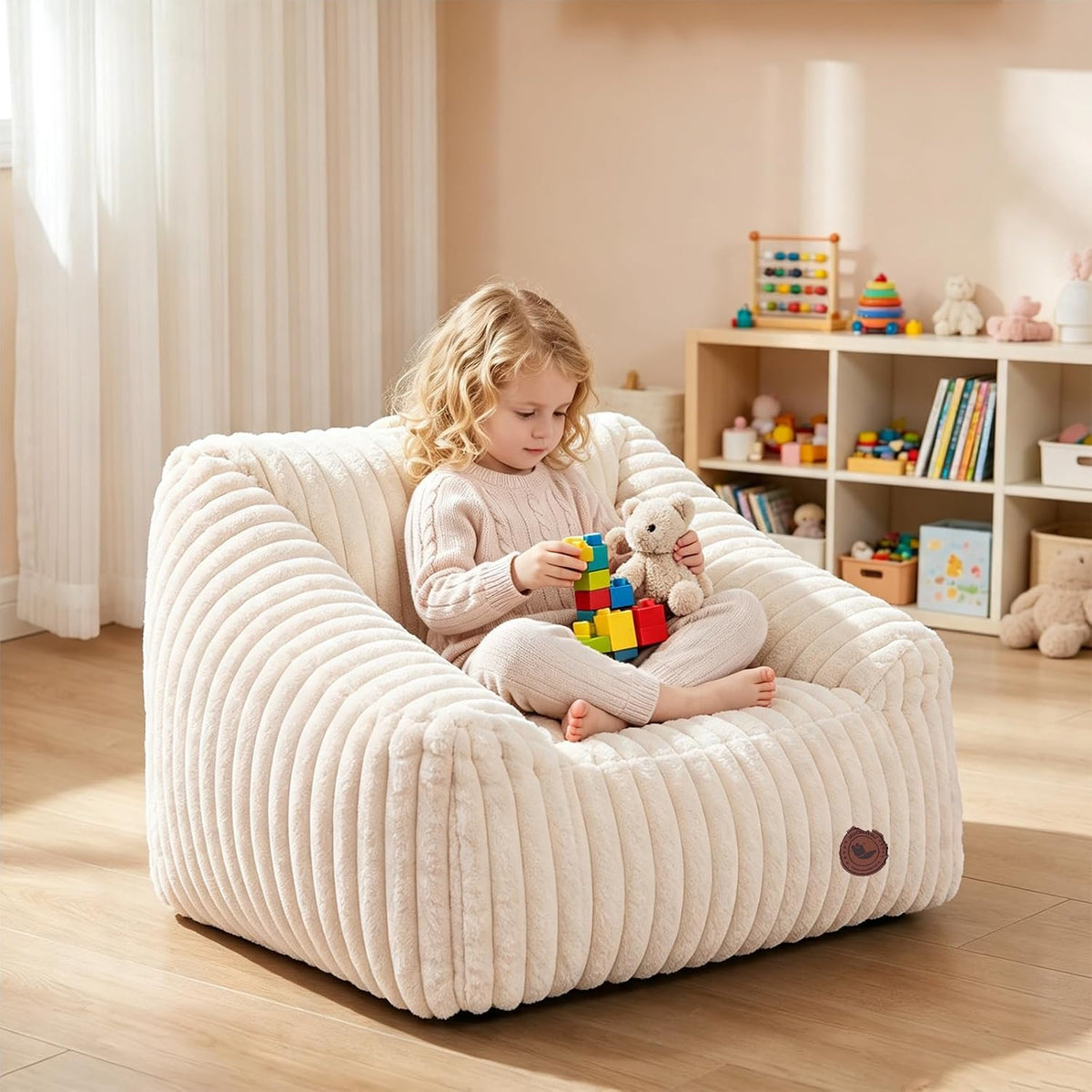 Small Kids Bean Bag Chair,Memory Foam Filled Bean Bags with Beige Stripe Plush Bean Bag Sofa Removable&Washable Cover for Reading Gaming Bedroom Living Room Playroom