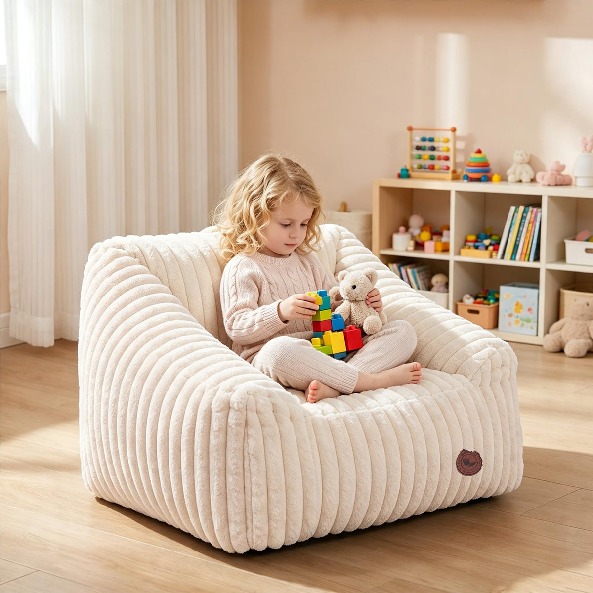Small Kids Bean Bag Chair,Memory Foam Filled Bean Bags with Beige Stripe Plush Bean Bag Sofa Removable&Washable Cover for Reading Gaming Bedroom Living Room Playroom