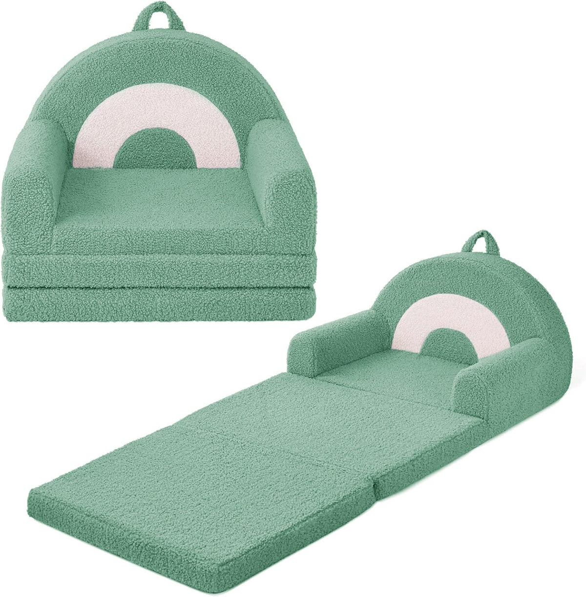 Kids Couch for Toddlers, 2-in-1 Fold Out Toddler Sofa and Lounger, Supportive Foam Chair with Removable Washable Cover for Playroom, Bedroom and Reading, Sage Green