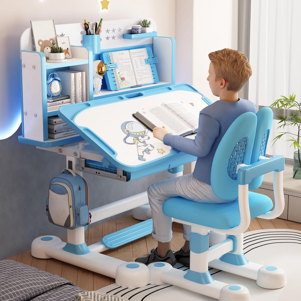 Kids Desk and Chair Set Toddler Desk Art Table for Kids School Desk Height Adjustable Kids Drawing Table with Sitting Corrector, Ergonomic Desk Chair with Book Stand, Foot Pedal Pink