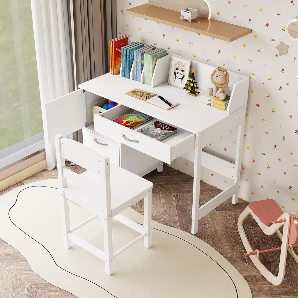 HONEY JOY Kids Desk and Chair Set, Wooden Children School Study Table and Chair w/Drawer, Storage Shelf & Cabinets, Student Computer Workstation Writing Desk for Bedroom, 3-8 Years Old (White)