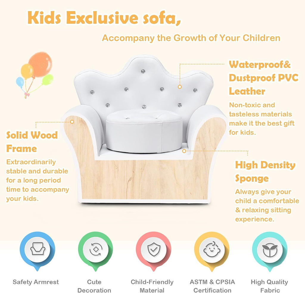 MAT EXPERT Toddler Couch with Ottoman, Kids Royal Sofa Couch with Smooth PVC Leather, Crown Shape & Diamond Buckle Decoration, Upholstered Kids Sofa, Ideal for Boys & Girls Age 3-5 (White)