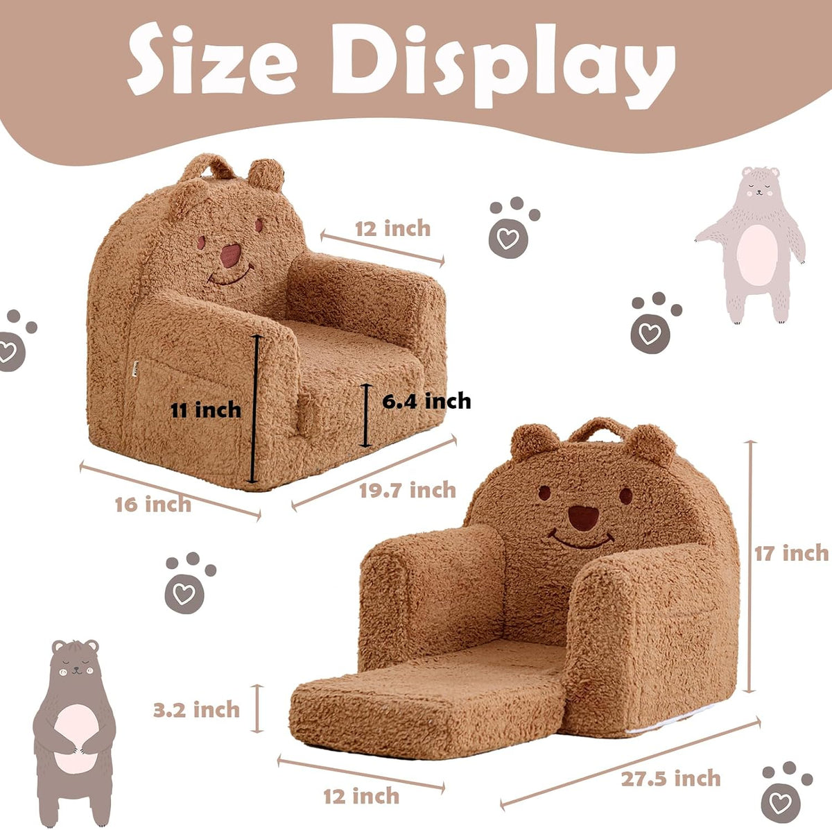 Toddler Chair,Sherpa Bear Toddler Couch Fold Out,Children Reading Chair,Flip Out Kids Couch,Kids Sofa Convertible for Gift (Brown Bear)