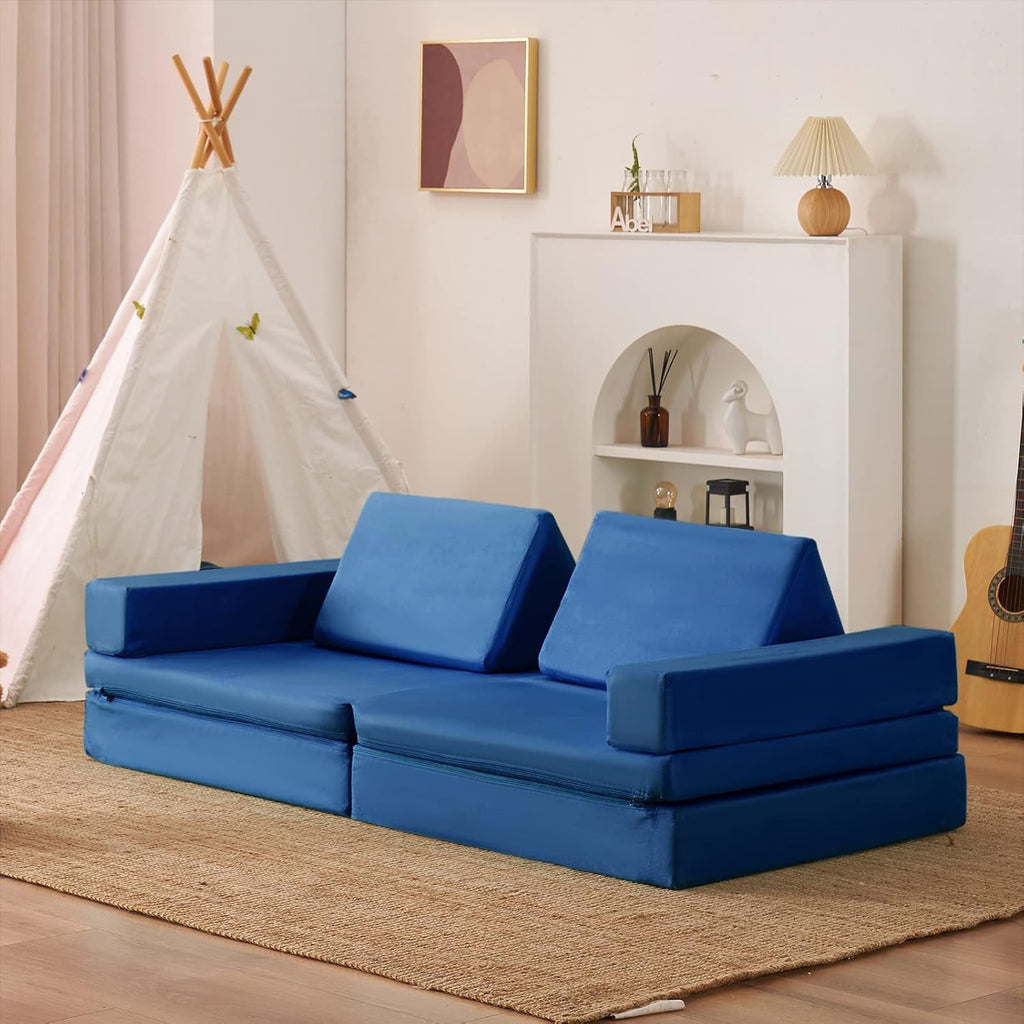 jela Kids Play Couch Extended Size 8PCS for Family, Floor Sofa Modular Funiture for Kids Adults, Playhouse Play Set for Toddlers Babies, Modular Foam Play Couch Indoor 66" x 33" x 22" Navyblue