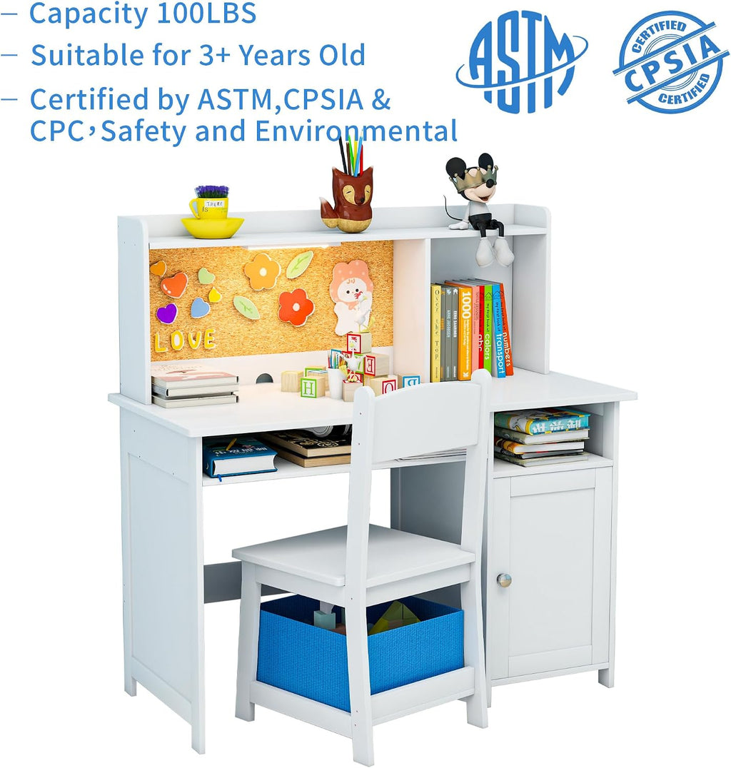 Kids Desk and Chair Set with Cork Board & Removable LED Light, White