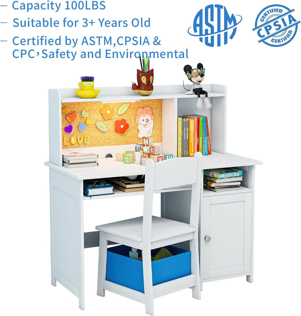 Kids Desk and Chair Set with Cork Board & Removable LED Light, White