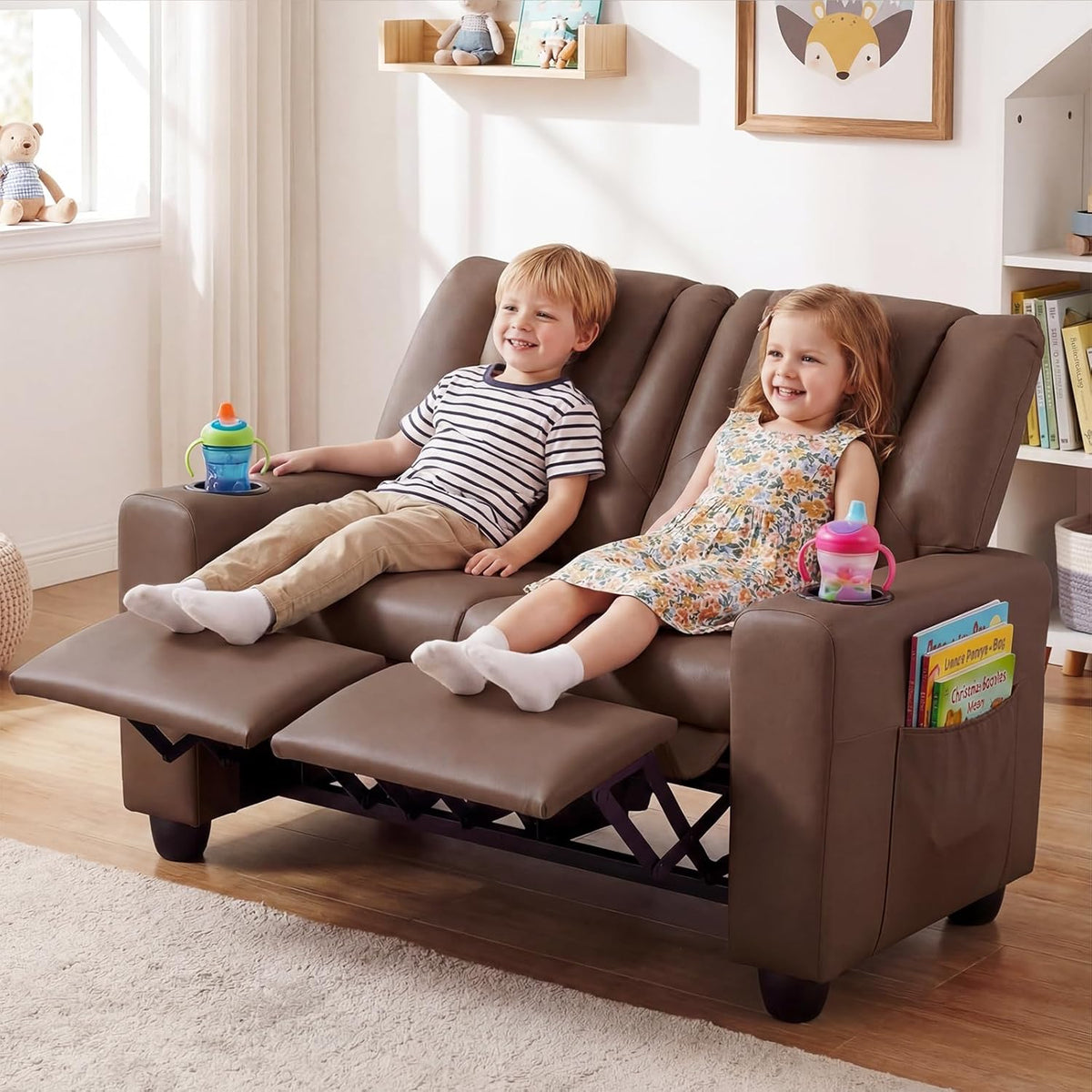Costzon 2-Seater Kids Recliner, PU Leather Kids Loveseat w/2 Cup Holders & 2 Side Storage Pockets, Toddler Lounge Sofa Chair Couch w/Adjustable Backrest & Footrest for Girls & Boys 3+ Years Old Gifts