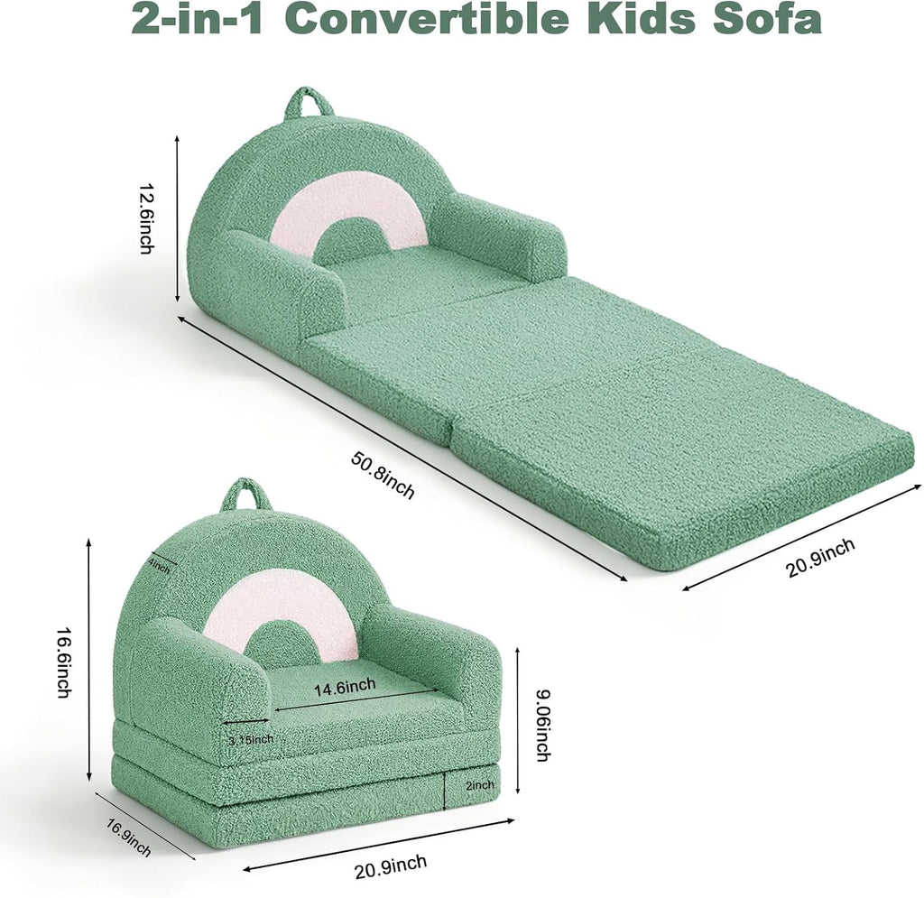 Kids Couch for Toddlers, 2-in-1 Fold Out Toddler Sofa and Lounger, Supportive Foam Chair with Removable Washable Cover for Playroom, Bedroom and Reading, Sage Green