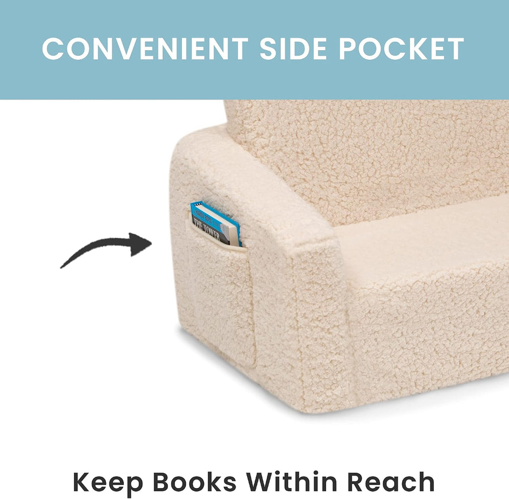 Delta Children Cozee Flip-Out Sherpa 2-in-1 Convertible Sofa to Lounger for Kids, Cream