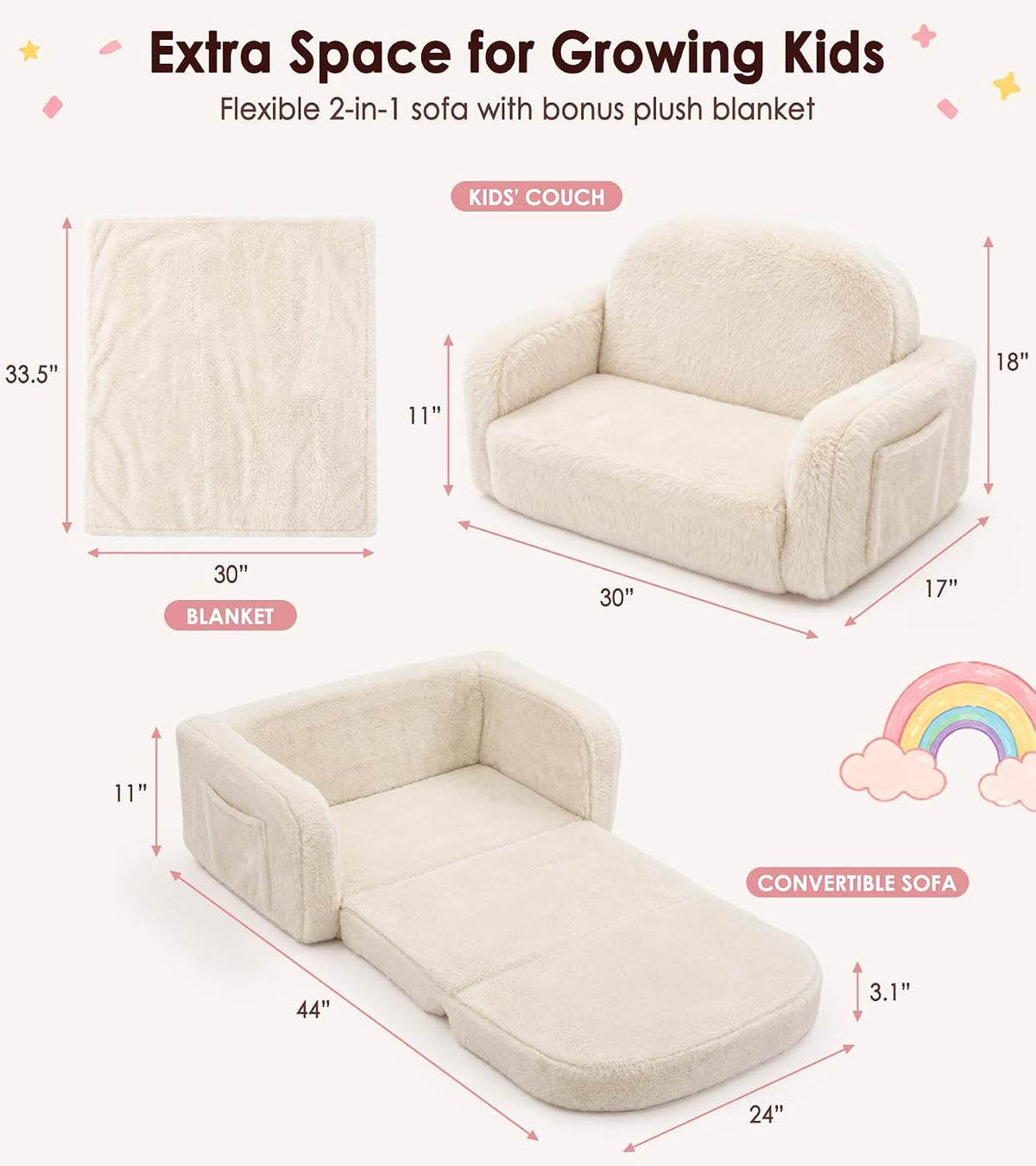 Foryoomi 2-in-1 Kids Plush Kids Couch, Extra Wide Toddler Couch with Bonus Blanket – Ultra-Thick Faux Fur Convertible Sofa Chair, Fold-Out Play Mat, Side Pocket & Carry Handle, Beige