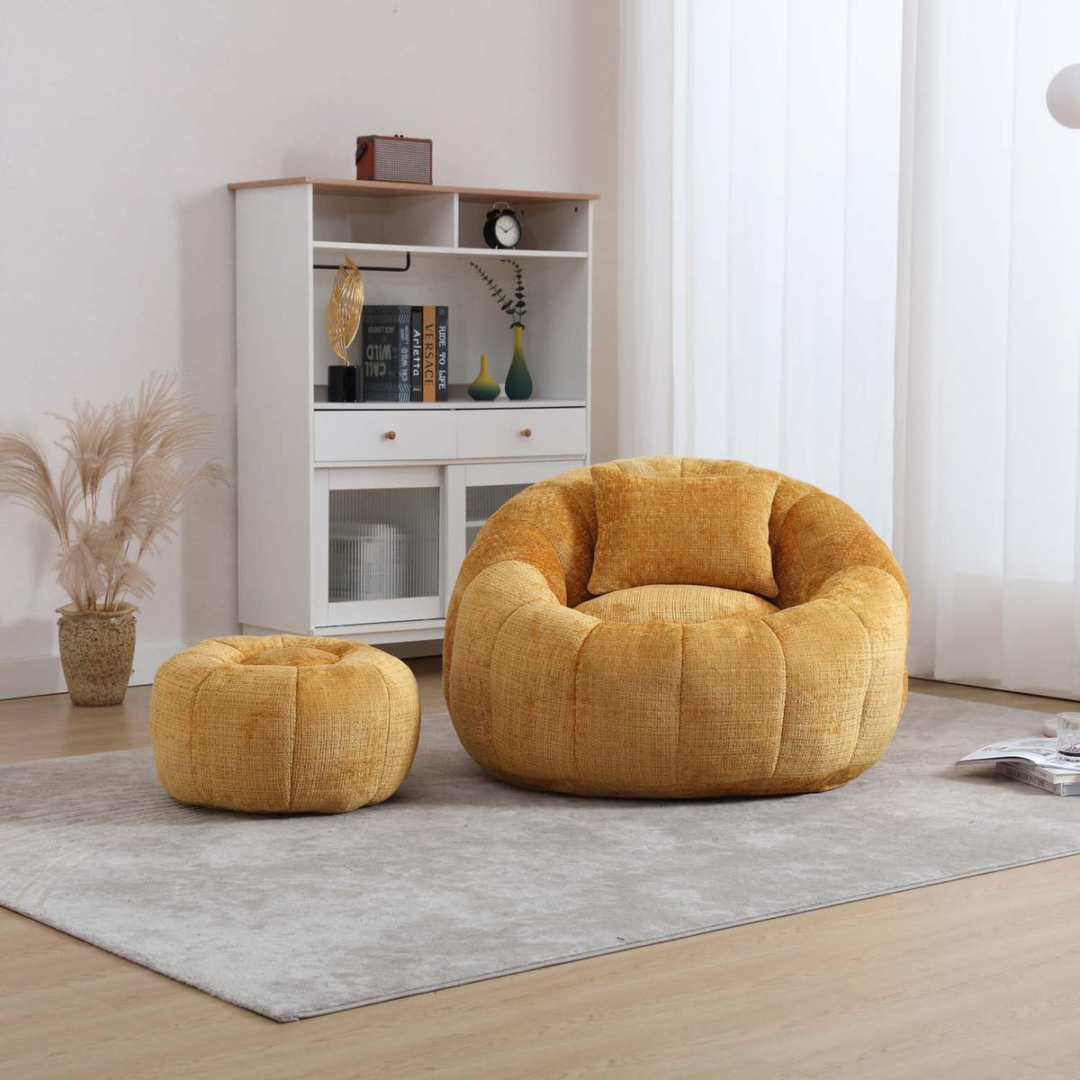Round Cloud Bean Bag Chair, Leisure Floor Single Seater with Ottoman, Plush Chenille Sofa Chair, Lazy Bean Bag Chairs for Bedroom, Apartment and Living Room (Orange)