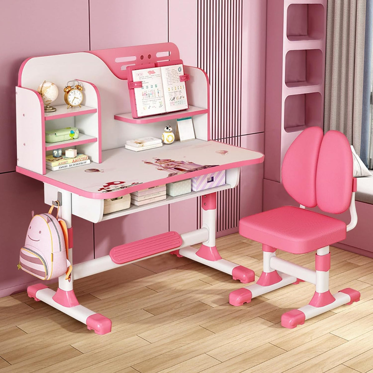 Kids Desk and Chair Set, Study Table and Chair, Desk for Kids, Children's Desks with Golden Distance Design, Homeschooling Writing Desk with Desktop for Boys and Girls (Pink 3)
