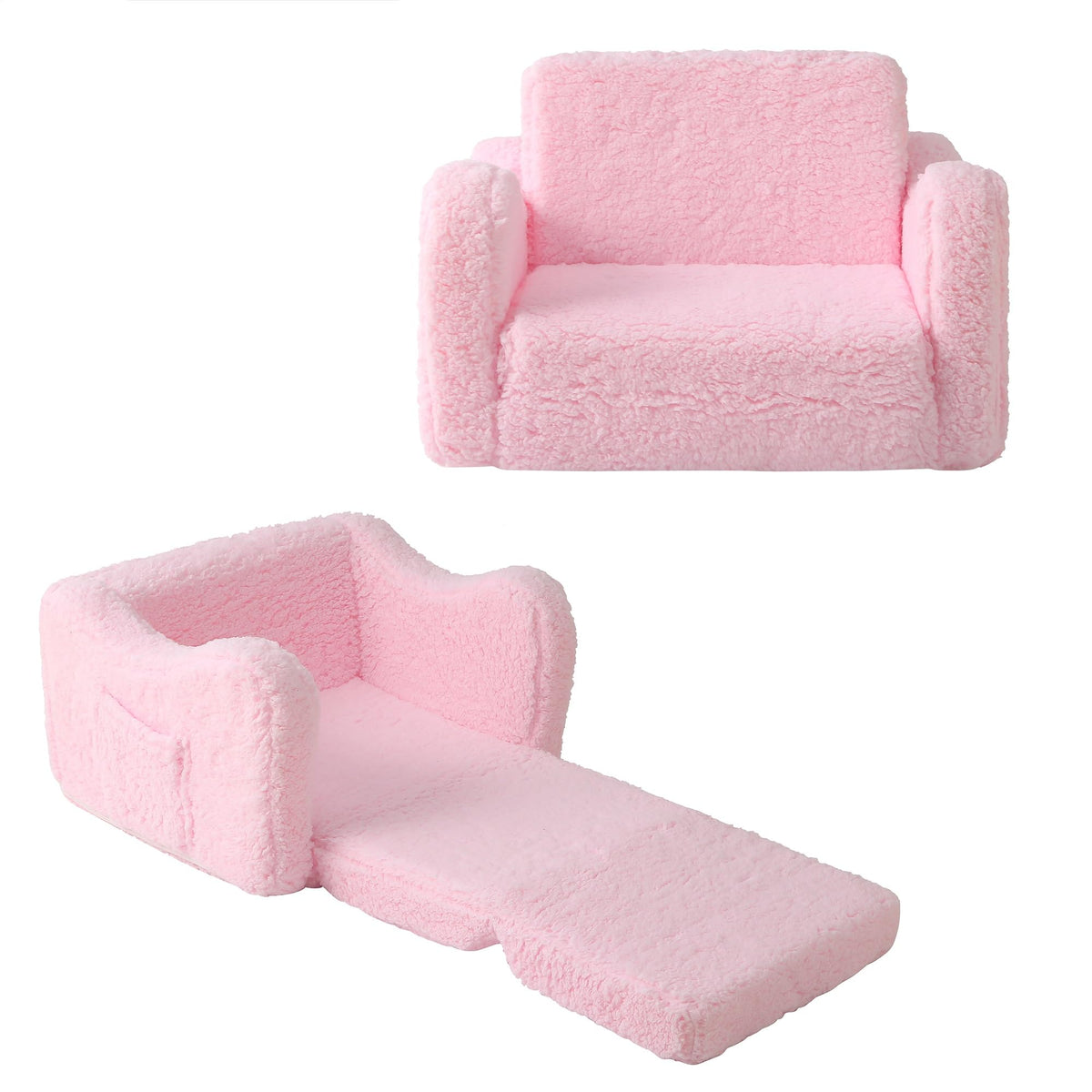 Toddler Couch 2-in-1 Flip Open Sherpa Kids Sofa Chair, Light Brown