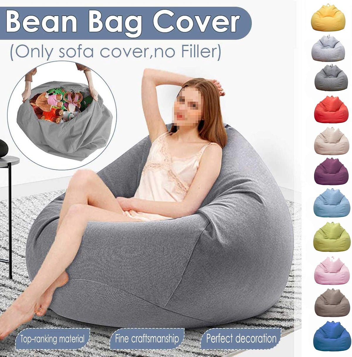 Classic Lazy Lounger Chair Bean Bag Covers (Without Filler) Made of Fine Cotton Linen Fabric with Side Pockets and Hidden Zip,Brown,S