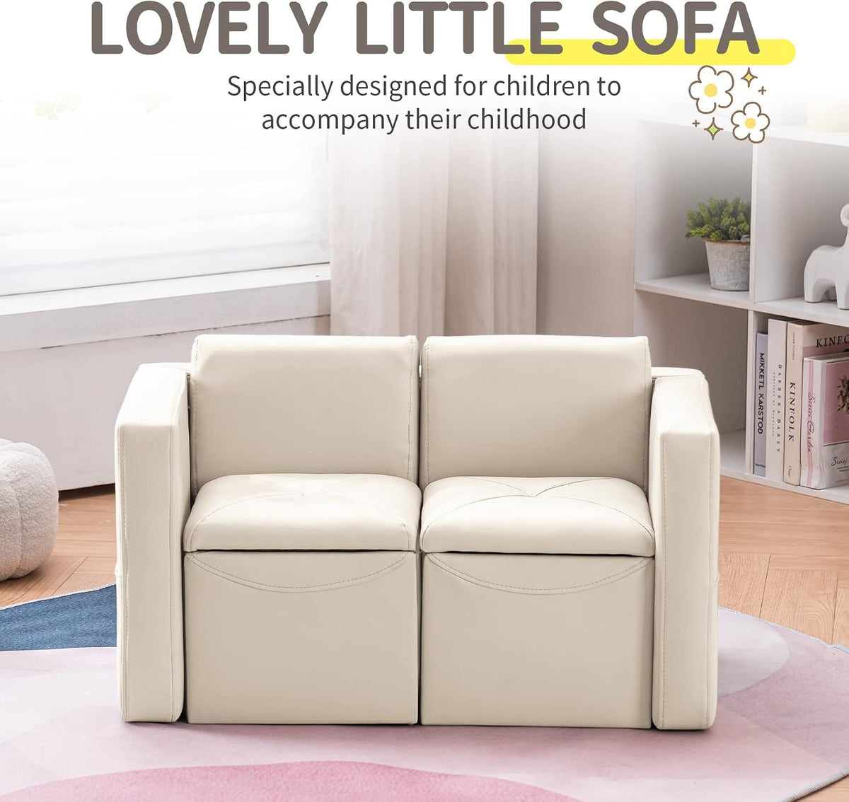UNICOO –Kids Sofa, 2-in-1 Double Set Sofa Convert to Table & 2 Chairs, Children Boys Girls Couch Armrest Chair with Storage Box (ZKL-111K-Beige)