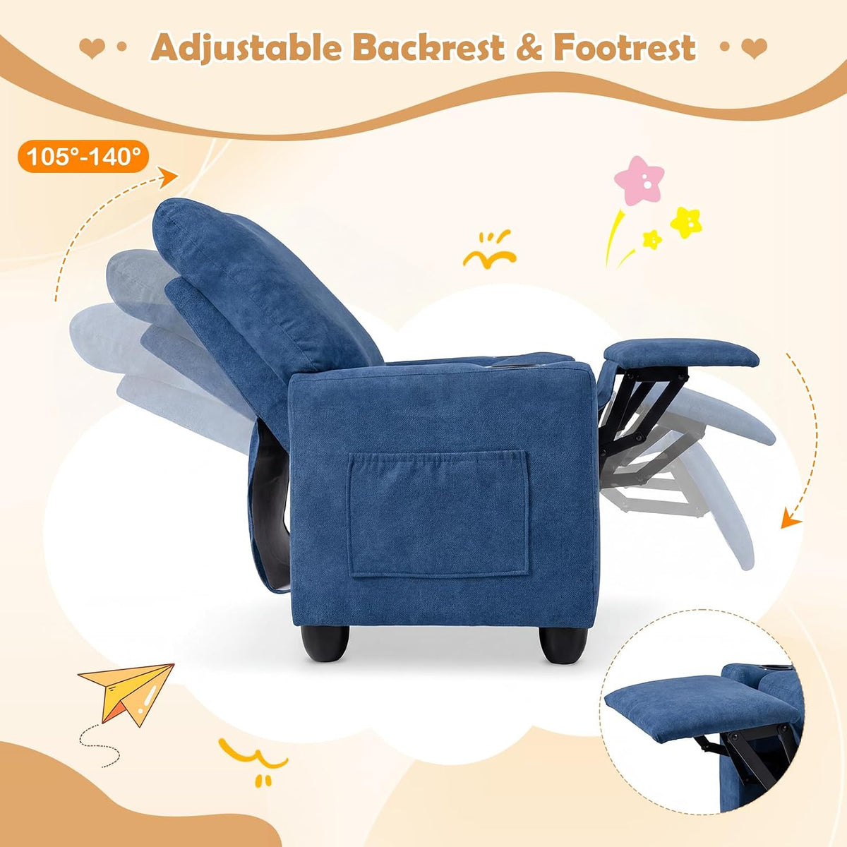 HONEY JOY Kids Recliner with Cup Holder, Chenille Fabric Upholstered Push Back Toddler Sofa w/Storage Pockets, Adjustable Backrest & Footrest, Child Reclining Chair for Ages 3+, Navy